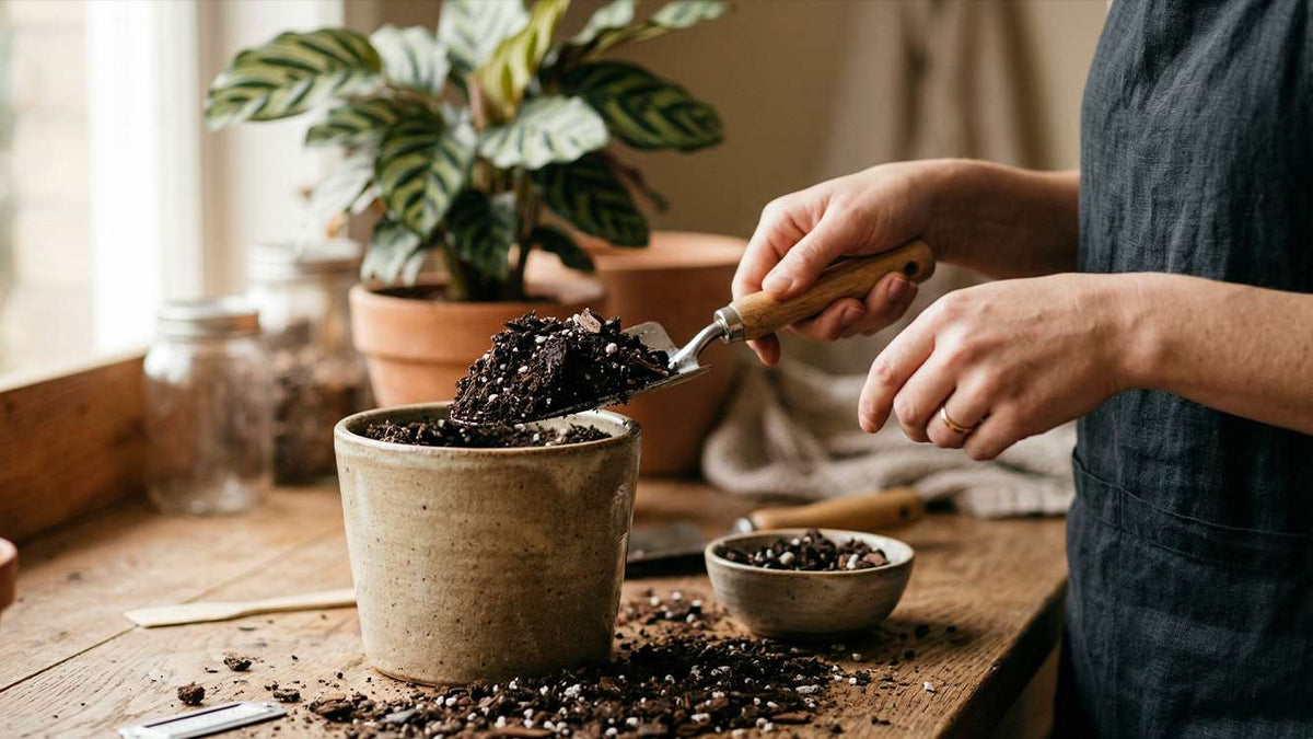 KI-Bild: Frische Erde wird für eine Calathea in den Topf gefüllt