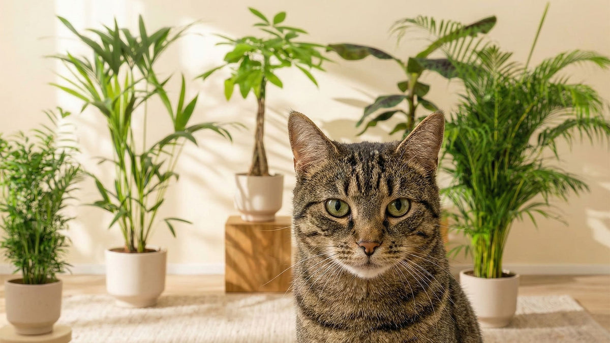 KI-Bild: Katze zwischen großen Zimmerpflanzen in hellen Töpfen