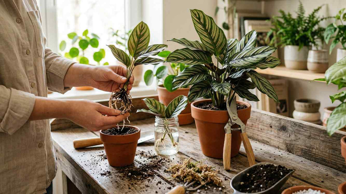 KI-Bild: Calathea wird geteilt und in neue Töpfe gesetzt