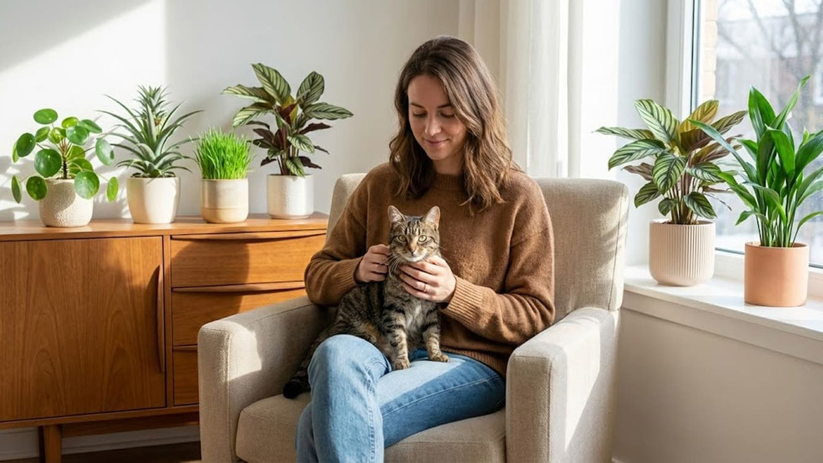 KI-Bild: Frau mit Katze im Sessel zwischen kleinen Zimmerpflanzen